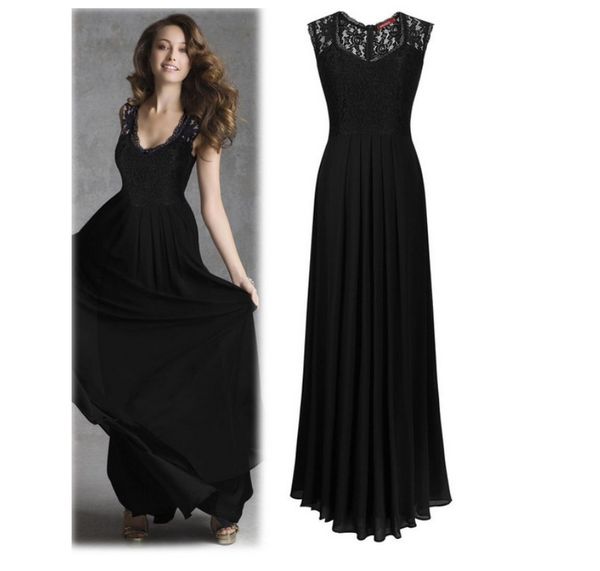 

charming dresses lace stitched sleeveless chiffon super long, Black;gray