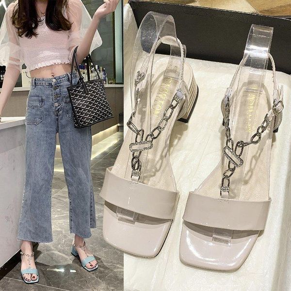 

summer t-chain ladies fashion mid-heel sandals women thick heels simple square head wild z858, Black