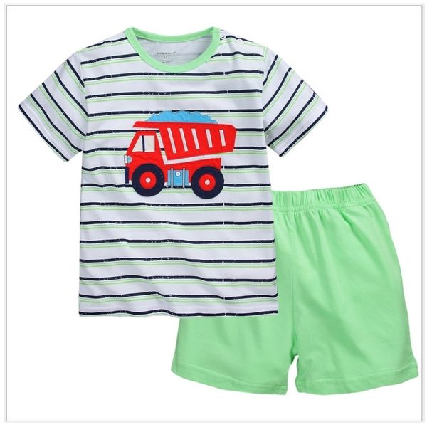 Şerit Bebek Erkek Giysileri Takım Elbise Kamyon Çocuk Giyim Seti Yaz Kısa Kollu T-Shirt Şort Takım Elbise Yeşil Pantolon 210413