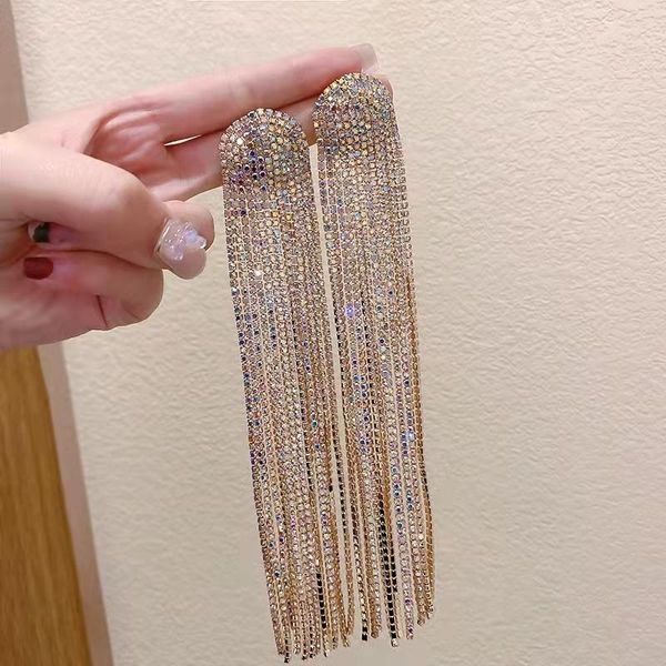 

dangle & chandelier korean long gold tassel rhinestone drop earrings for women fashion bohemian bling crystal party brincos jewelry, Silver