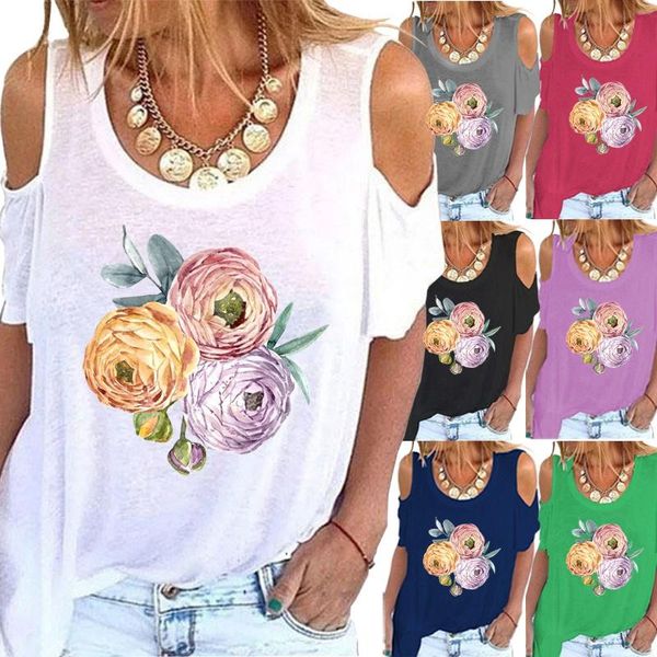 

women's t-shirt summer round neck printed ladies off shoulder beachwear, White