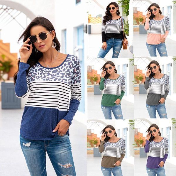 

women's t-shirt spring women slim t shirt fashion leopard patchwork print long sleeve pullovers o neck autumn casual clothing street te, White