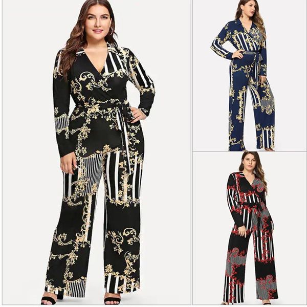 

women's jumpsuits & rompers fadzeco women autumn plus size jumpsuit v neck long sleeve floral print wide leg club, Black;white