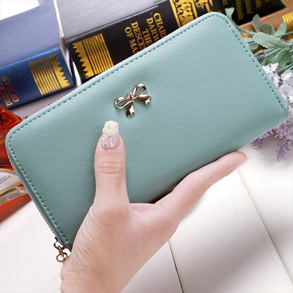 

cards holder wallet ladies cute bowknot women long pure color clutch bag pu leather purse phone card, Red;black