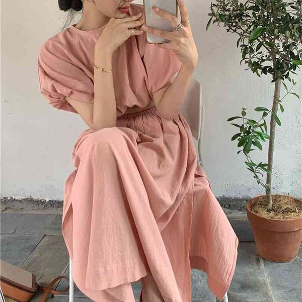 

shirt + skirt female irregular pink two-piece suit high-waisted large swing mid-length summer a-line 210529, White