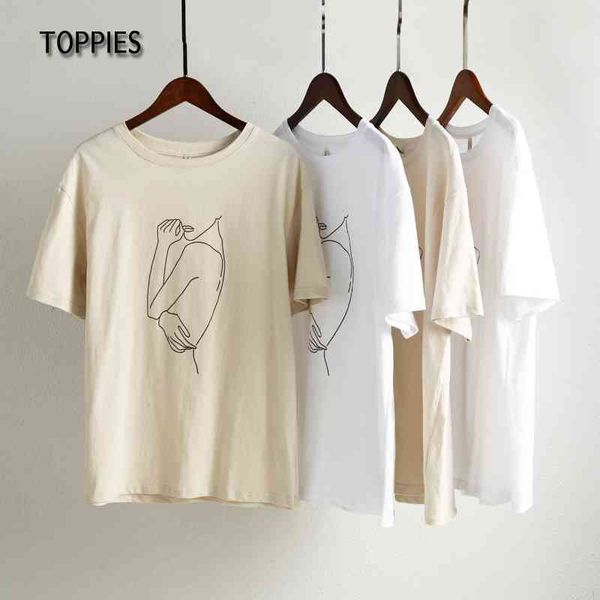 Toppies verão t-shits mulher meninas impressão abstrata t - shirts casual manga curta 100% algodão tops 210412