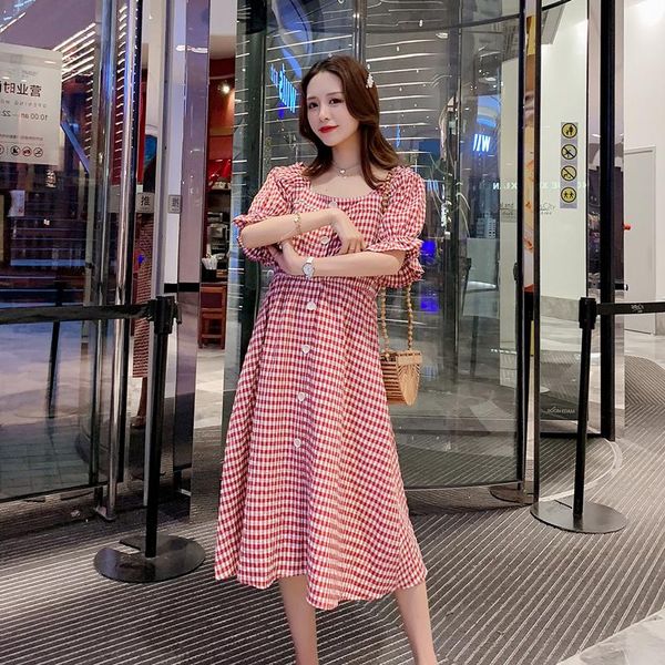 

031# maternity clothes summer short sleeves red plaid button open loose stylish dress pregnant women mom dresses, White