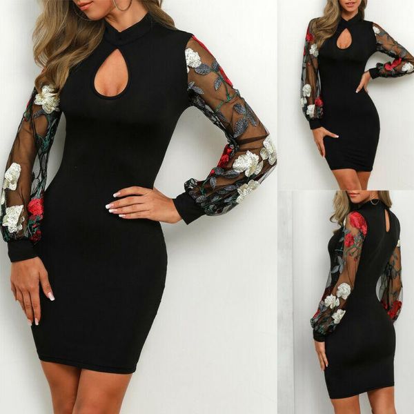 

women long mesh sleeve floral fishnet hollow out bodycon above knee dress party clubwear casual dresses, Black;gray