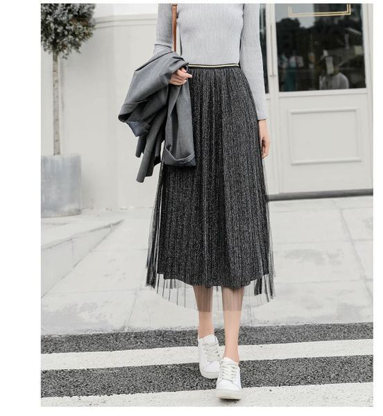 

skirts pleated bright silk mesh skirt women autumn elegant korean clothes 2021 solid color fashion all-match long 2 colors, Black