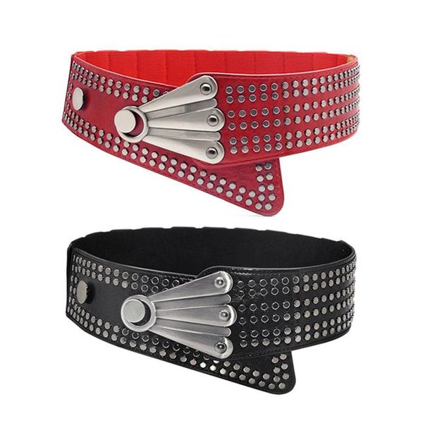

belts gothic punk rivet elastic fashion stretchy dress wide waistband red black fuax leather women belt studded decorative, Black;brown