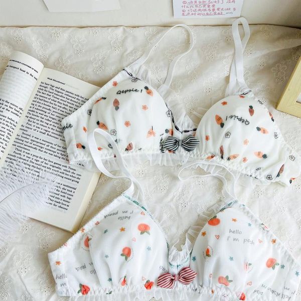 

women's panties sweet japanese cute cartoon printing bra & brief sets no rims student small fresh triangular cup underwear strawberry b, Black;pink