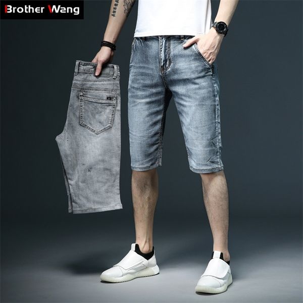 Masculinos de verão fit cindeas curtas moda algodão estiramento vintage denim shorts cinzento azul calça calça macho marca roupas 210720
