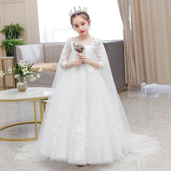

girl's dresses flower girl sequined embroidery three quarter o-neck princess luxury white floor-length tulle lace kids party gown h272, Red;yellow