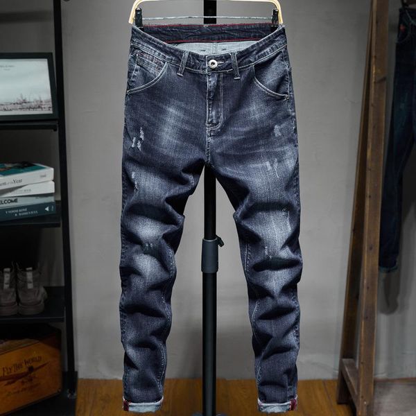 

men's jeans pierced zipper slim fit leggings, Blue