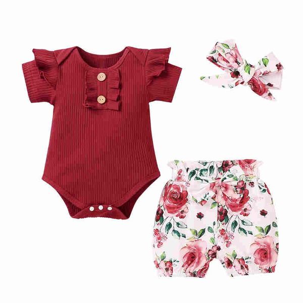 

clothing sets 0-24m baby girls 3pcs set infant romper shorts bow hair ornament flower print ruffle outfits, White