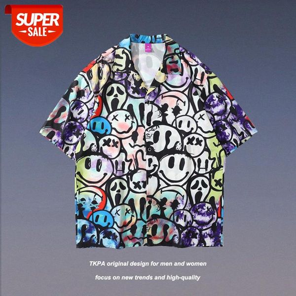 

tkpa smiley graffiti short-sleeved shirt male street personality loose casual all-match flower #hu9u, White;black