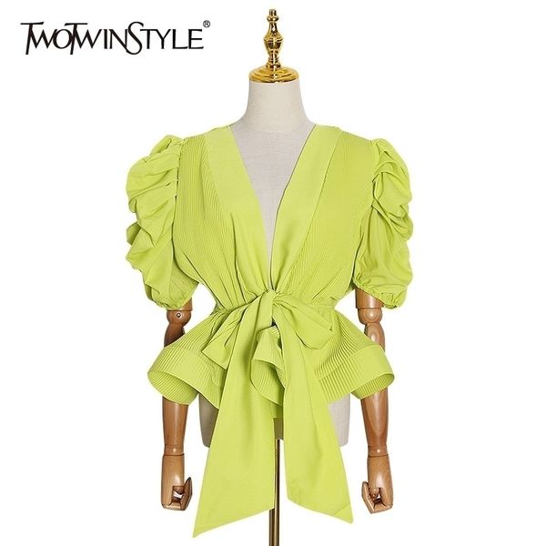 

twotwinstyle elegant loose women shirt v neck puff half sleeve tunic lace up bow patchwork ruffles blouse female fashion summer 210410, White