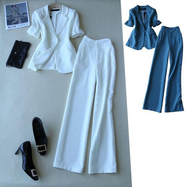 

women's two piece pants short sleeves suit blazer + waist wide leg trousers office lady ol sets, White