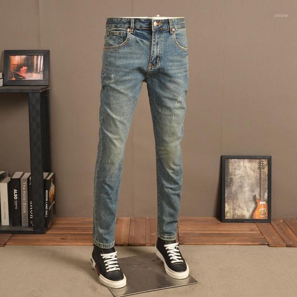 

vintage blue jeans men streetwear retro regular fit denim pants men's
