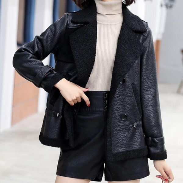 

women's leather & faux spring and autumn lapel collar women loose sheepskin motorcycle jacket trend female fashion casual coat m-2xl, Black