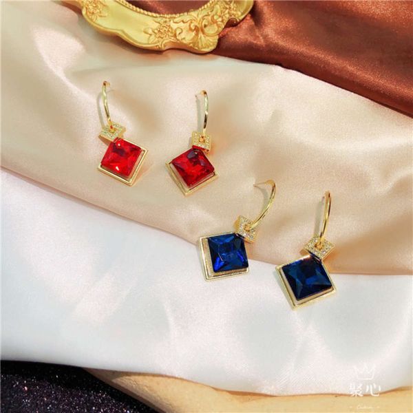 

s925 silver needle korean square crystal simple temperament cool wind net red earrings, Black