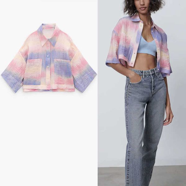 Za Flowy Tie Dye Cropped Shirt Donna Vintage manica corta Estate Top Donna Fashion Front Tasche applicate Camicie casual 210602