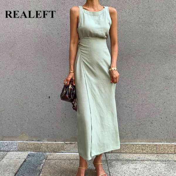 Sommer Baumwolle Leinen Frauen Lange Kleider Vintage Spitze Up Maxi Kleid Schärpen Ärmellose Weibliche Tank Strand 210428