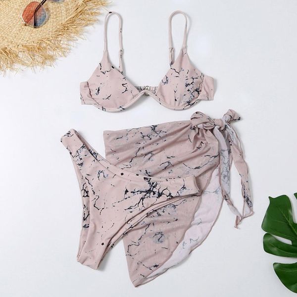 

women's swimwear tie-dye printed with sarong bikini swimsuit push up women three-pieces set bather bathing suit swim #1g, White;black