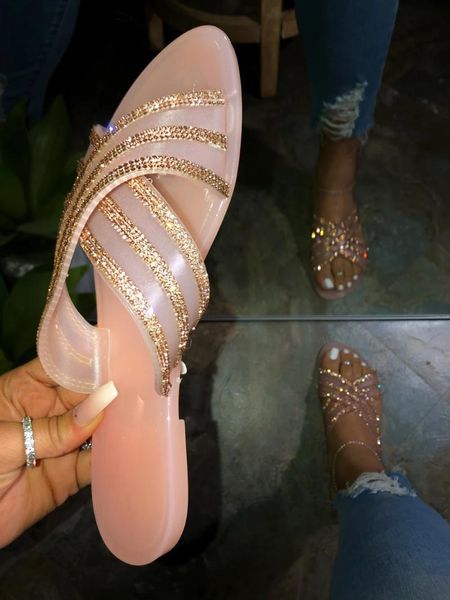 

transparent slippers fashion biling crystal women platform summer sandals outdoor rhinestones flat ladies shoes, Black