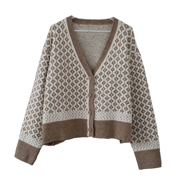 

autumn and winter retro temperament contrast color knitted cardigan women's v-neck rhombus thick loose sweater 210709, White;black