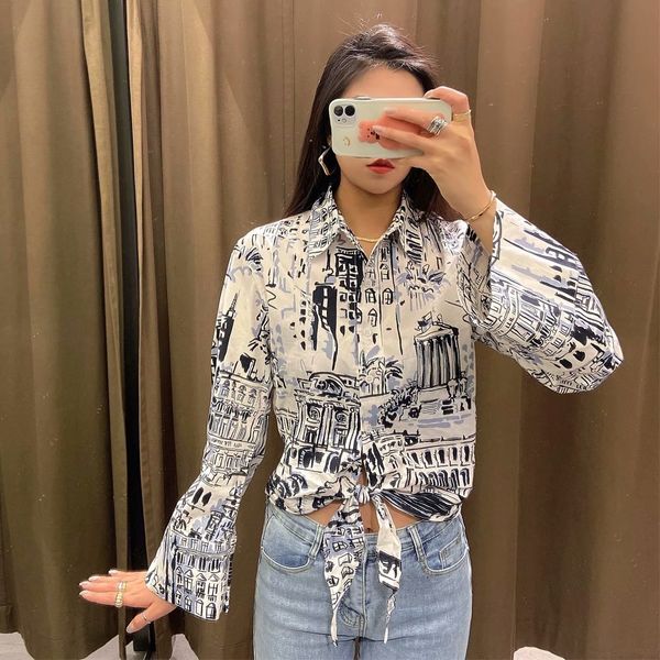 

women's blouses & shirts 2021 bowknot loop-up design direction small zhong fu ancient hong kong style printed shirt western short to wo, White