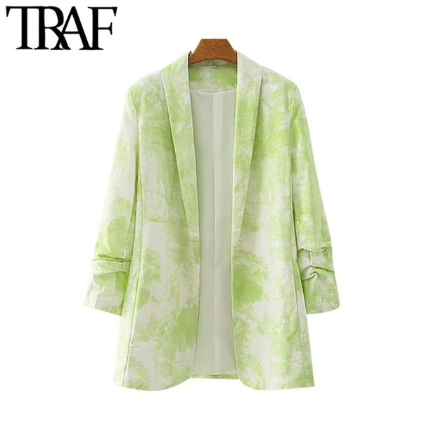 Frauen Mode Tie-Dye Drucken Offenen Stich Blazer Mantel Vintage Plissee Lange Hülse Weibliche Oberbekleidung Chic Tops 210507