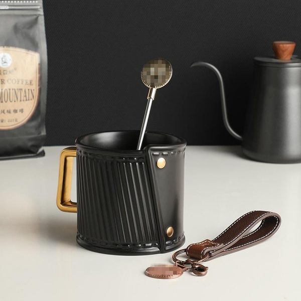 

mugs simple retro black rivet with spoon keychain ceramic coffee office tea cup for men holiday birthday gifts