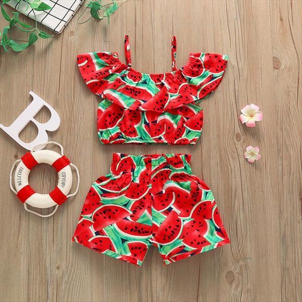 

toddler baby girl clothes watermelon sunflowers print ruffle off shoulder strap short pants 2pcs outfits summer set, White
