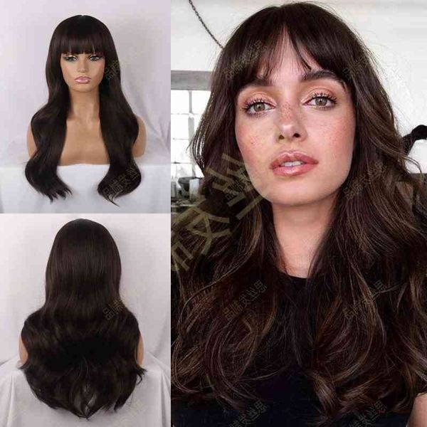 

fiber wig women's chemical brown bangs long curly brown wig cover, Black