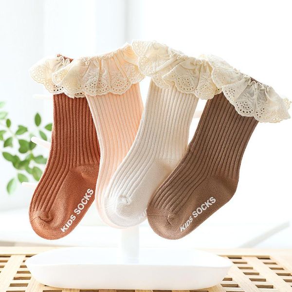 

spring and autumn lace mid-tube boneless point glue non-slip baby girls floor socks, Pink;yellow