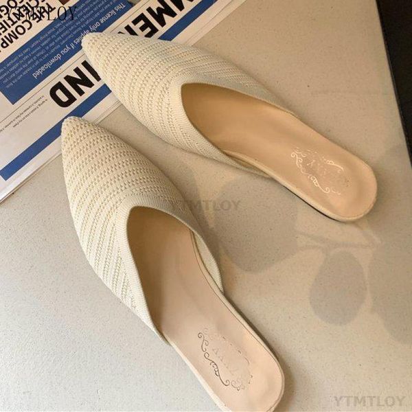 

women mules shoes 2021 summer fashion weave flats slippers elegant beige slides mesh breathable daily office ytmtloy, Black