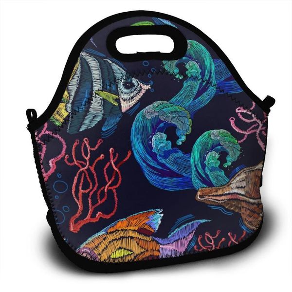 

portable insulated thermal bento lunch box sea life shells corals tropical fishes picnic storage bag pouch bags organizer, Blue;pink