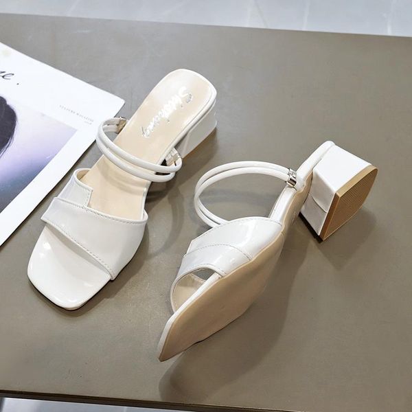 

sandals women fashion open toe high heels summer shoes two ways to wear slides square heel slip-on patchwork riband ladies, Black