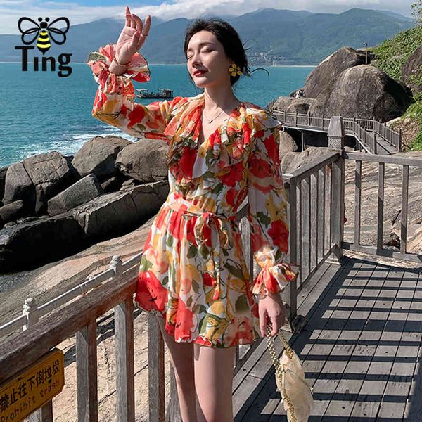 

tropical floral print chiffon playsuits women street casual bohemian ruffles v neck fashion outfits 210513, Black;white