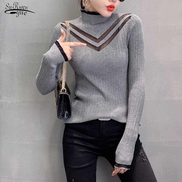 

hollow mesh stitching knitted jumper autumn sweater pullover half high neck bright silk bottoming for women 11245 210508, White;black