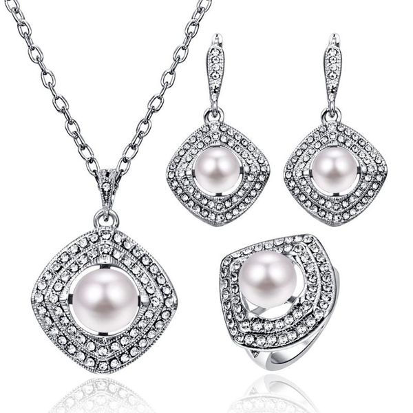 

earrings & necklace tshou187 bride square pearl set ring three-piece suit, Silver