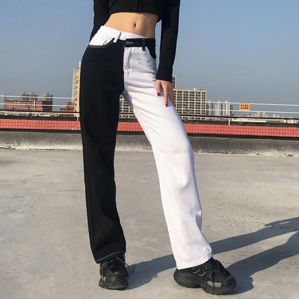 

women's jeans zovsv patchwork black white cotton women casual harajuku denim pants capris hip hop fashion trousers streetwear 2021, Blue