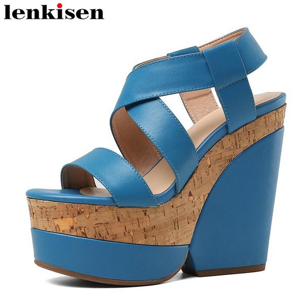 

lenkisen arrive cow leather waterproof peep toe super high heels wedges elastic band street fashion sandals women l9f2, Black