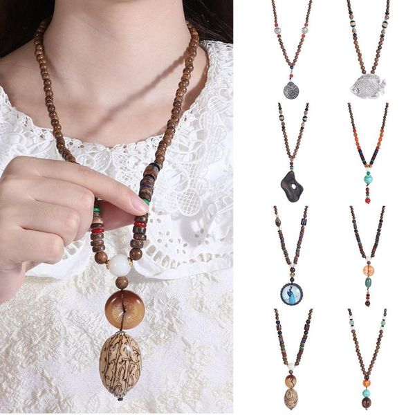 

pendant necklaces boho party ethnic jewelry handmade nepal necklace buddhist mala wood bead horn fish, Silver
