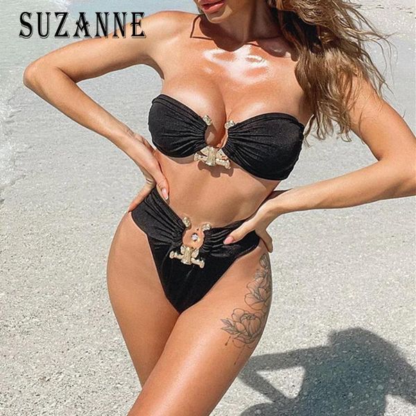 Swimwear feminino biquíni conjunto designer acessórios de metal de luxo feminino lantejoula senhoras sexy cor sólida tubo de cor de maiô