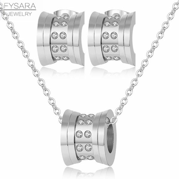 

earrings & necklace fysara cubic zirconia crystals round stud and short women stainless steel jewelry set cute gift, Silver