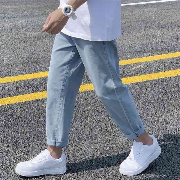 

jeans women solid straight ankle length pockets loose autumn mens fashion all match daily simple oversize ulzzang harajuku chic, Blue