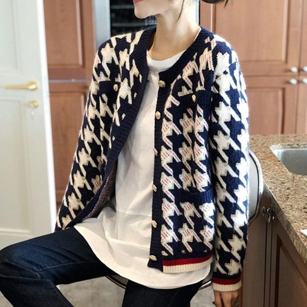 

women's knits & tees 2021 autumn sweater cardigan casual fashion style houndstooth retro slim straight long sleeve round neck top, White
