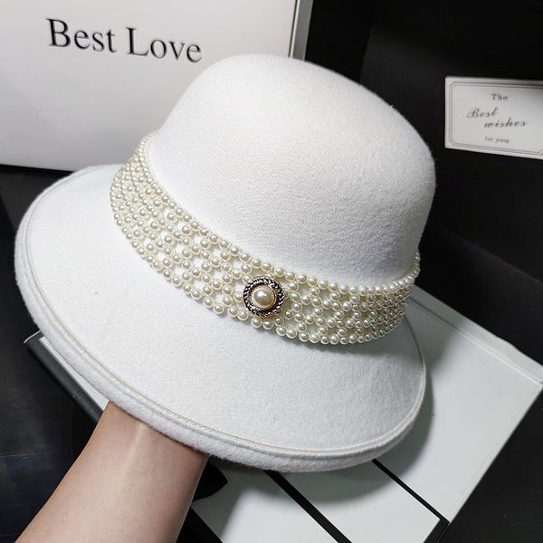 

luxury elegant design of niche woolen hat female pearl basin hat imitation cashmere fisherman hat in autumn and winter, Blue;gray